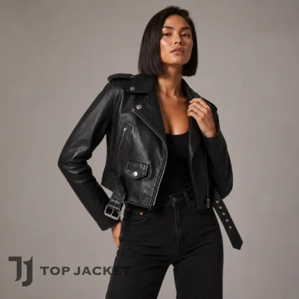 Emily Ratajkowski Inspired Black Leather Crop Jacket, Women Biker Moto Coat, Fashion Statement Jacket