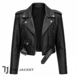 Emily Ratajkowski Style Cropped Moto Jacket, Black Leather Biker Coat, Women Celebrity Inspired Jacket