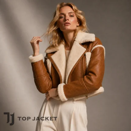 Hailey Bieber Inspired Brown Cropped Shearling Jacket, Womens Leather Aviator Biker Coat, Faux Fur Lined Winter Jacket