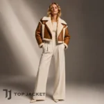 Hailey Bieber Inspired Brown Leather Crop Jacket, Womens Shearling Aviator Coat, Vintage Biker Moto Winter Jacket