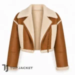 Hailey Bieber Cropped Brown Shearling Jacket, Womens Faux Fur Leather Aviator Coat, Y2K Biker Winter Streetwear