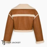 Hailey Bieber Style Brown Cropped Leather Jacket, Womens Shearling Moto Aviator Coat, Vintage Y2K Winter Jacket