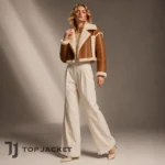 Hailey Bieber Style Cropped Shearling Leather Jacket, Womens Brown Aviator Moto Coat, Faux Fur Y2K Winter Jacket
