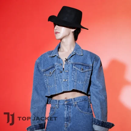 Hoshi Inspired Blue Jean Jacket, Men’s Cropped Denim Trucker Jacket, Kpop Idol Outfit, Korean Streetwear, Stage Fashion