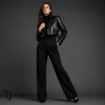 JLo Inspired Cropped Black Leather Jacket, Womens Moto Biker Coat, Oversized Lapel Y2K Streetwear Jacket