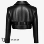 Jennifer Lopez Inspired Black Cropped Leather Jacket, Womens Moto Biker Jacket, Oversized Lapel Belted Leather Coat
