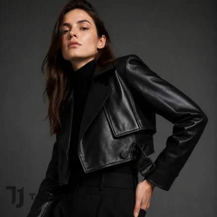 Jennifer Lopez Inspired Cropped Trench Jacket, Womens Black Leather Biker Coat, Belted Wide Lapel Moto Jacket