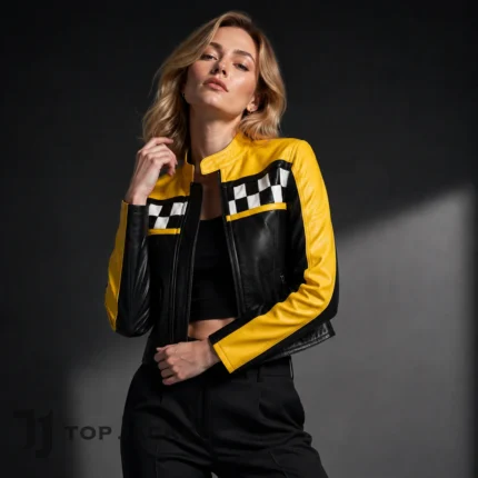 Kendall Jenner Inspired Yellow Leather Jacket, Black Racing Moto Jacket, Women Checkered Biker Coat