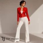 Kylie Jenner Inspired Cropped Jacket, Womens Red Leather Jacket, Slim Fit Collarless Blazer, Y2K Zip Up Fashion Jacket
