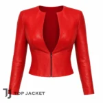 Kylie Jenner Style Red Leather Jacket, Womens Fitted Cropped Blazer, Collarless Zip Up Jacket, Y2K Statement Outerwear