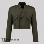 Men’s Army Green Crop Jacket, Cropped Military Coat with Epaulettes, High Neck Pocket Utility Streetwear