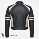 Mens Black Cream Cropped Moto Jacket, Cafe Racer Leather Jacket, Vintage Motorcycle Biker Coat, Retro Racing Jacket