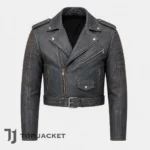 Men’s Black Cropped Biker Jacket, Vintage Distressed Leather Moto Jacket, Motorcycle Rider Jacket, Punk Rock Gothic Coat