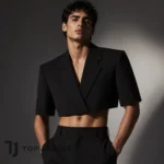 Men’s Black Cropped Blazer Troye Sivan Inspired, Short Sleeve Suit Jacket, High Fashion Crop Top, Avant Garde Runway Party Outfit