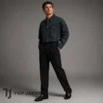 Men’s Black Cropped Denim Jacket, Oversized Trucker Jacket, Dark Wash Jean Jacket, Y2K Streetwear Boxy Crop Coat