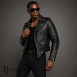 Men's Black Cropped Leather Jacket, Biker Motorcycle Moto Jacket, Belted Punk Rock Streetwear Coat, Gothic Rider Jacket