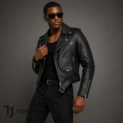 Men's Black Cropped Leather Jacket, Biker Motorcycle Moto Jacket, Belted Punk Rock Streetwear Coat, Gothic Rider Jacket