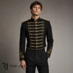Men’s Black Cropped Military Jacket, Gold Braid Hussar Coat, Gothic Steampunk Marching Band Uniform, Victorian Parade Costume