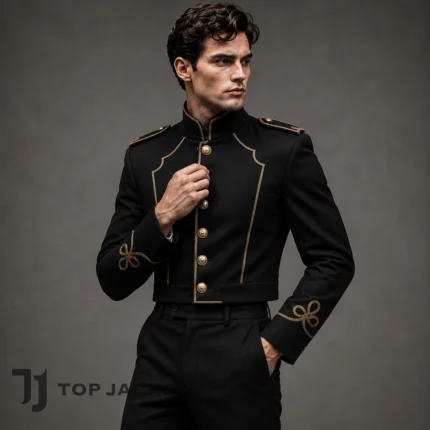 Men’s Black Military Band Jacket, Gold Button Cropped Parade Blazer, Gothic Steampunk Ringmaster Coat, Stage Costume
