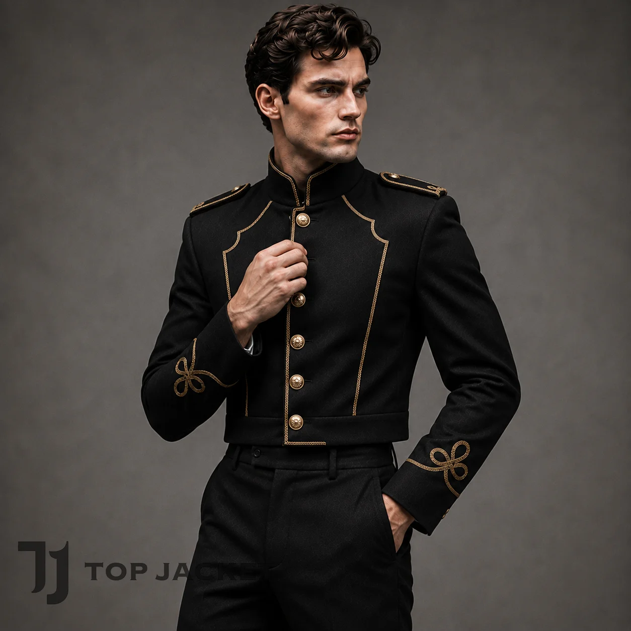 Men’s Black Military Band Jacket, Gold Button Cropped Parade Blazer, Gothic Steampunk Ringmaster Coat, Stage Costume Men’s Black Military Band Jacket, Gold Button Cropped Parade Blazer, Gothic Steampunk Ringmaster Coat, Stage Costume