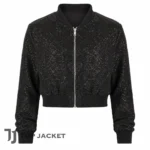 Men’s Black Sequin Cropped Bomber Jacket, Sparkly Party Jacket, Disco Nightclub Stage Wear