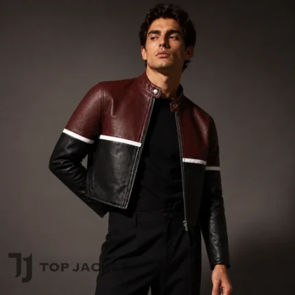 Men’s Burgundy Black Cropped Leather Jacket, Colorblock Moto Cafe Racer, Short Biker Jacket, Vintage Motorcycle Style