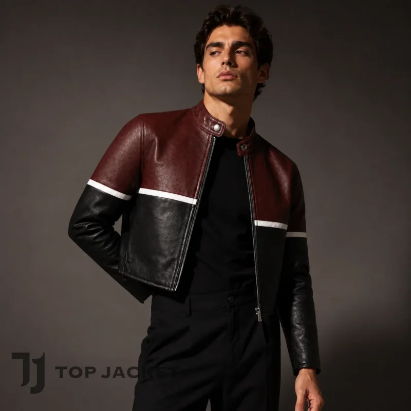 Burgundy and black cropped leather café racer jacket