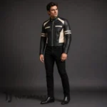 Mens Cafe Racer Jacket, Cropped Black Leather Motorcycle Jacket, Cream Colorblock Biker Coat, Retro Moto Racing Jacket