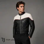 Mens Colorblock Leather Jacket, Cropped Cafe Racer Jacket, Black White Moto Biker Coat, Retro Motorcycle Jacket, Racing Style Jacket
