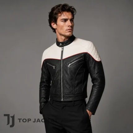 Mens Colorblock Leather Jacket, Cropped Cafe Racer Jacket, Black White Moto Biker Coat, Retro Motorcycle Jacket, Racing Style Jacket