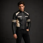 Mens Colorblock Leather Jacket, Cropped Cafe Racer Motorcycle Coat, Black Cream Biker Jacket, Vintage Moto Racing Jacket