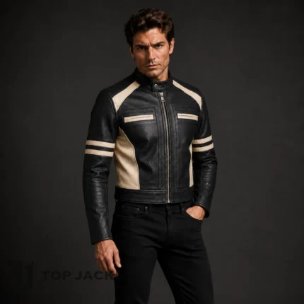Mens Colorblock Leather Jacket, Cropped Cafe Racer Motorcycle Coat, Black Cream Biker Jacket, Vintage Moto Racing Jacket