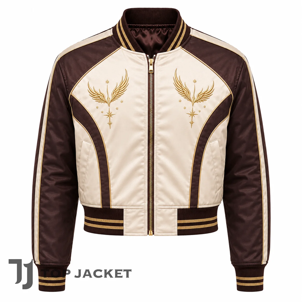 Men’s Cream Cropped Bomber Jacket, Brown Colorblock Varsity Jacket, Gold Embroidered Satin Racer, Vintage Streetwear
