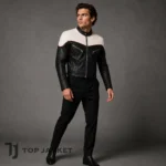 Mens Cropped Biker Jacket, Black White Leather Moto Jacket, Cafe Racer Motorcycle Coat, Vintage Racing Jacket, Quilted Leather Jacket