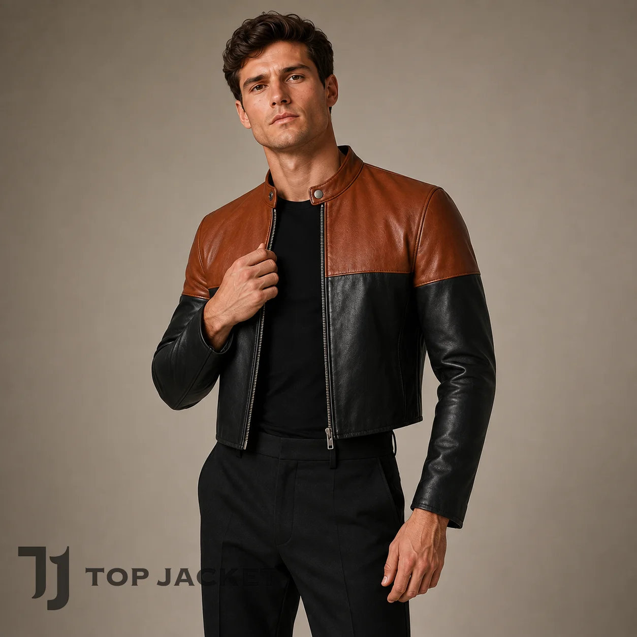 Men’s Cropped Biker Jacket, Brown Black Color Block Leather Jacket, Cafe Racer Motorcycle Coat, Vintage Moto Streetwear