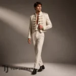 Men’s Cropped Hussar Military Jacket, Ivory Gold Braided Officer Coat, Victorian Band Jacket, Prince Wedding Outfit