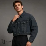 Men’s Cropped Jean Jacket, Washed Black Denim Trucker Jacket, Oversized Boxy Streetwear Coat, Vintage Y2K Jacket