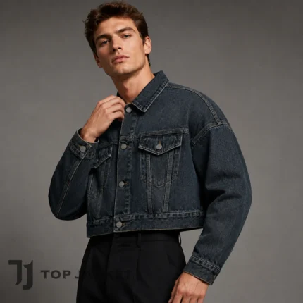 Men’s Cropped Jean Jacket, Washed Black Denim Trucker Jacket, Oversized Boxy Streetwear Coat, Vintage Y2K Jacket