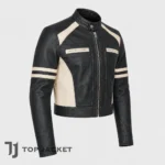 Mens Cropped Leather Jacket, Black Cream Cafe Racer Jacket, Motorcycle Biker Jacket, Vintage Racing Moto Jacket, Retro Racer Coat