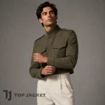 Mens Cropped Military Jacket, Olive Green Army Jacket, Short Utility Coat, High Neck Officer Style Fashion Jacket