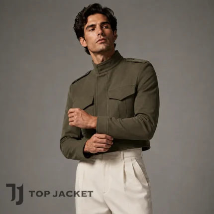 Mens Cropped Military Jacket, Olive Green Army Jacket, Short Utility Coat, High Neck Officer Style Fashion Jacket