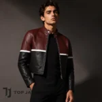 Men’s Cropped Moto Jacket, Burgundy Black Leather Cafe Racer, Color Block Biker Motorcycle Jacket, Y2K Racing Style