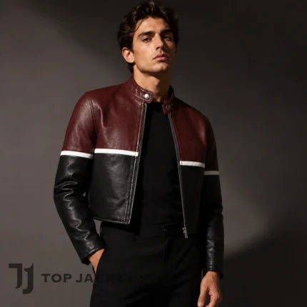 Men’s Cropped Moto Jacket, Burgundy Black Leather Cafe Racer, Color Block Biker Motorcycle Jacket, Y2K Racing Style