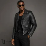 Men's Cropped Moto Leather Jacket, Black Motorcycle Biker Jacket, Asymmetrical Zip Belted Coat, Punk Gothic Streetwear