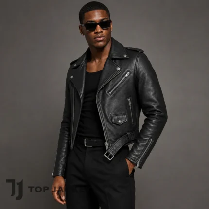 Men's Cropped Moto Leather Jacket, Black Motorcycle Biker Jacket, Asymmetrical Zip Belted Coat, Punk Gothic Streetwear