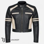 Mens Cropped Motorcycle Jacket, Black Cream Leather Biker Jacket, Cafe Racer Moto Coat, Vintage Racing Jacket, Short Leather Jacket
