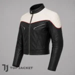 Mens Cropped Motorcycle Jacket, Black White Leather Biker Jacket, Vintage Cafe Racer Coat, Moto Racing Jacket, Short Leather Jacket