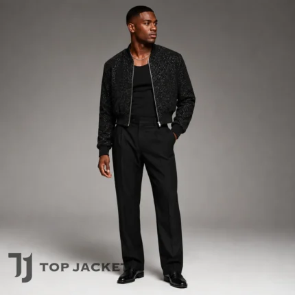 Men’s Cropped Sequin Bomber Jacket, Black Shimmer Party Coat, Stage Wear Concert Disco Outfit