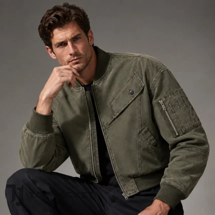 Men’s Cropped Utility Bomber Jacket, Olive Green Military Jacket, Vintage Washed Flight Coat, Streetwear Pilot Jacket