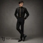 Men’s Gothic Cropped Jacket, Black Gold Military Parade Coat, High Collar Marching Band Uniform, Steampunk Costume Blazer